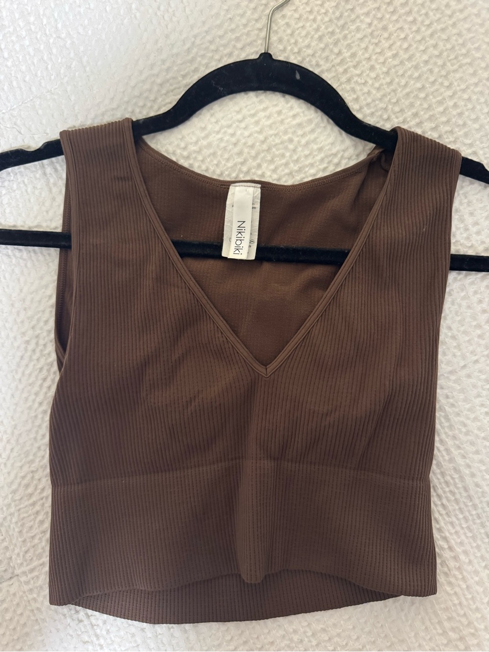 Nikibiki Chocolate Ribbed V-Neck Crop Tank